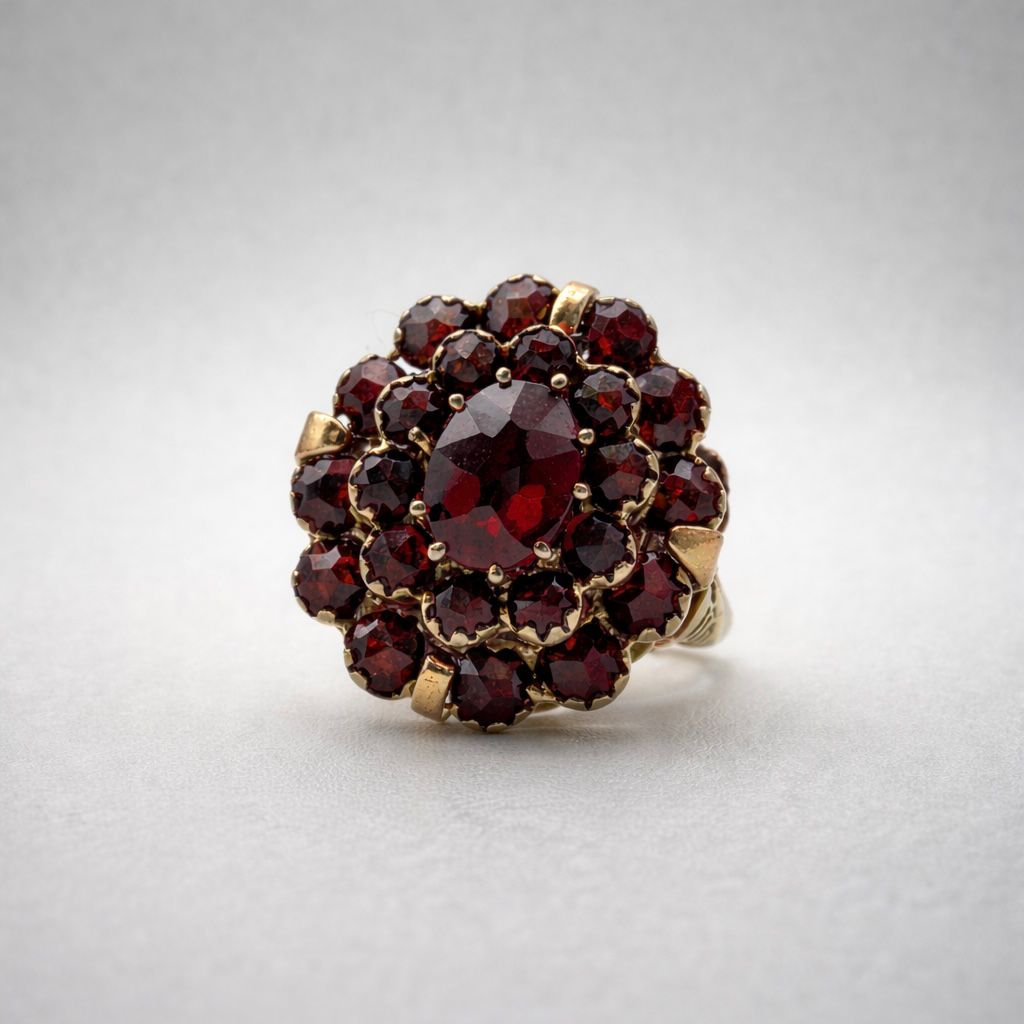 ANILLO DE ORO 18K TIPO RACIMO C/ GRANATES