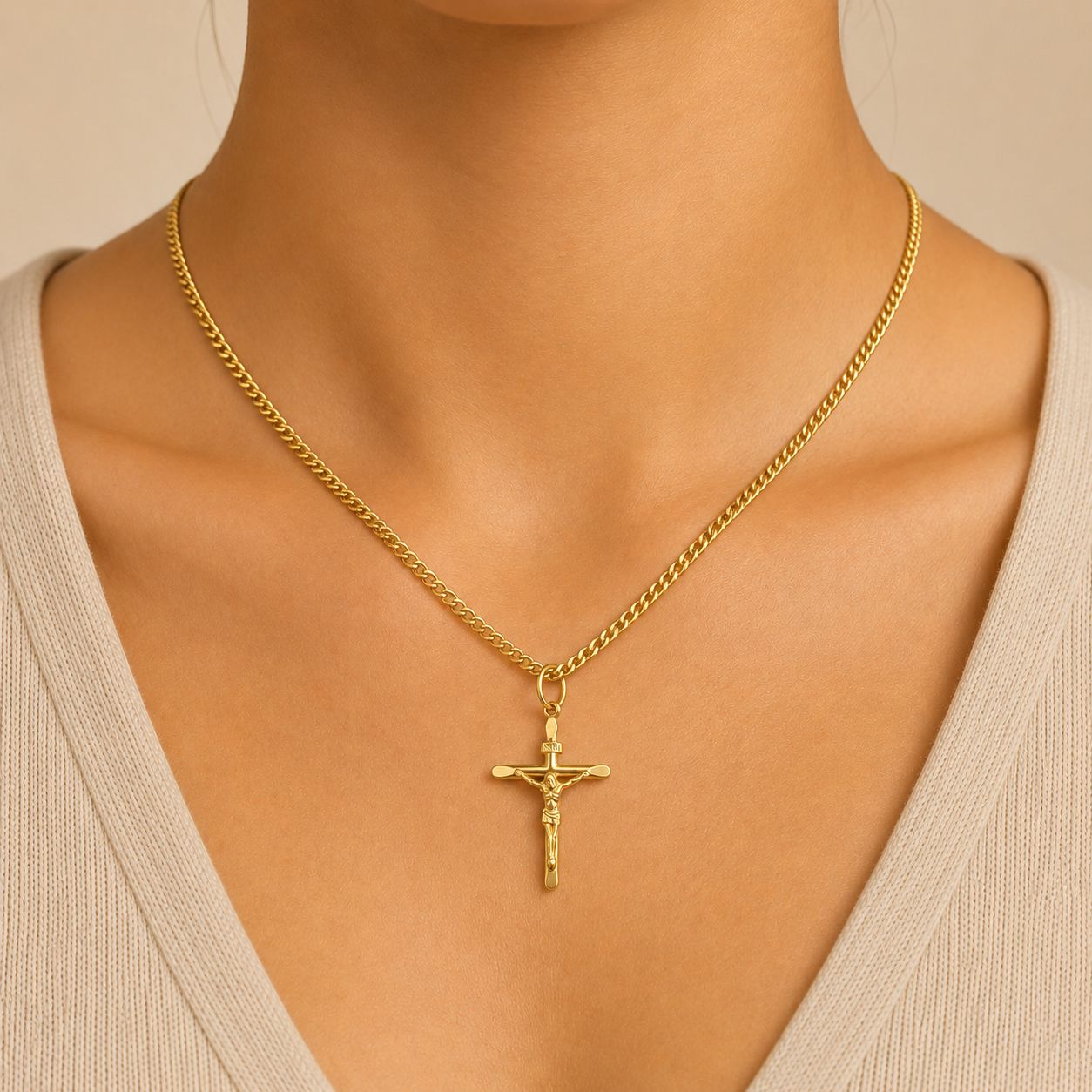 CONJUNTO CADENA CUBANA CON CRUZ DE ORO 18K