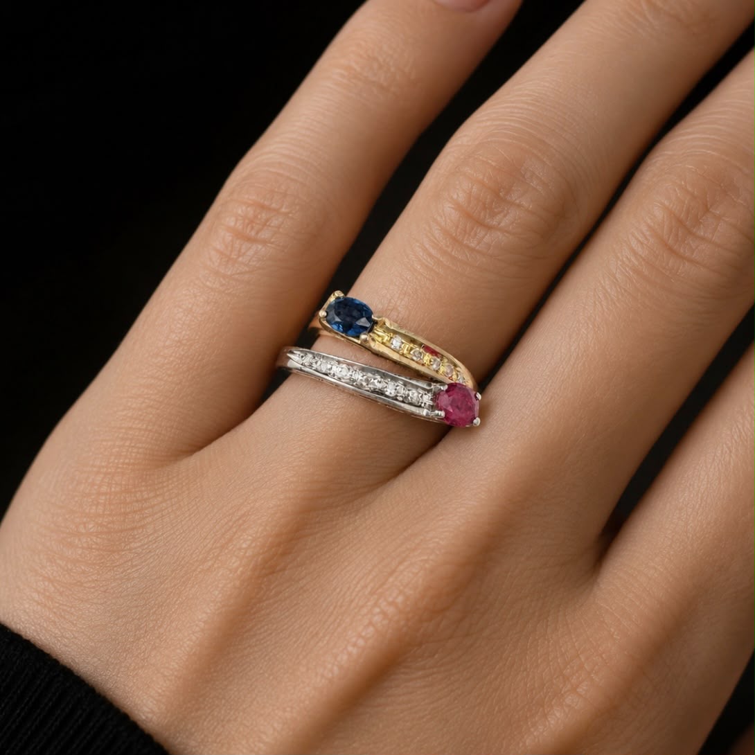 ANILLO BICOLOR ORO 18 KILATES CON PIEDRAS AZUL Y ROSADA