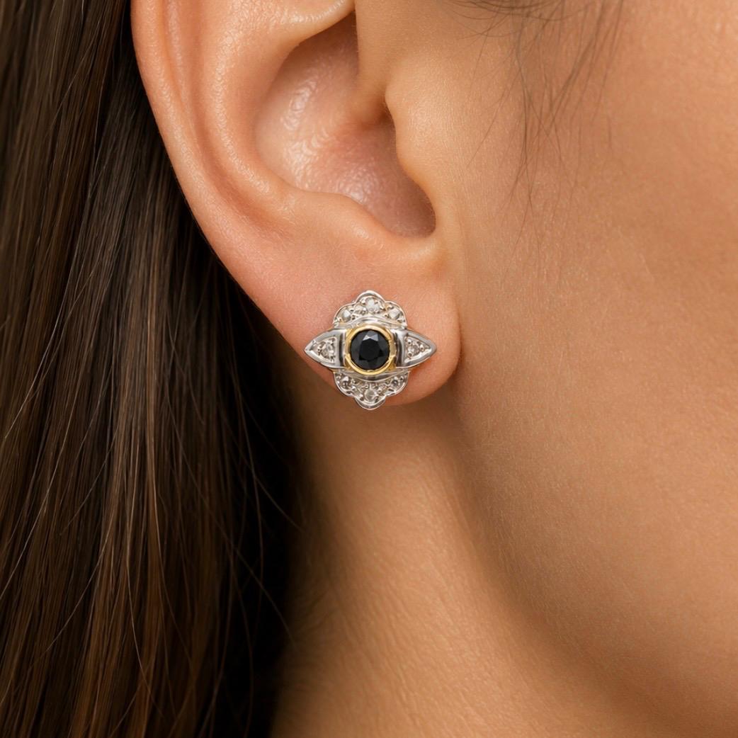 AROS BICOLOR ESTILO ROSETÓN EN ORO 18K CON CIRCÓN NEGRO