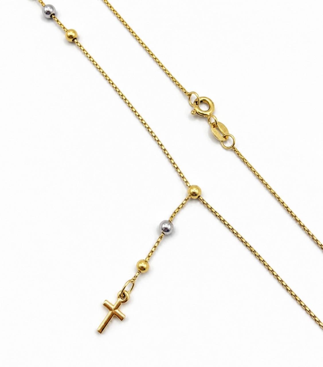 GARGANTILLA ITALIANA TIPO Y EN ORO 18K CON CRUZ Y ESFERAS TRICOLOR