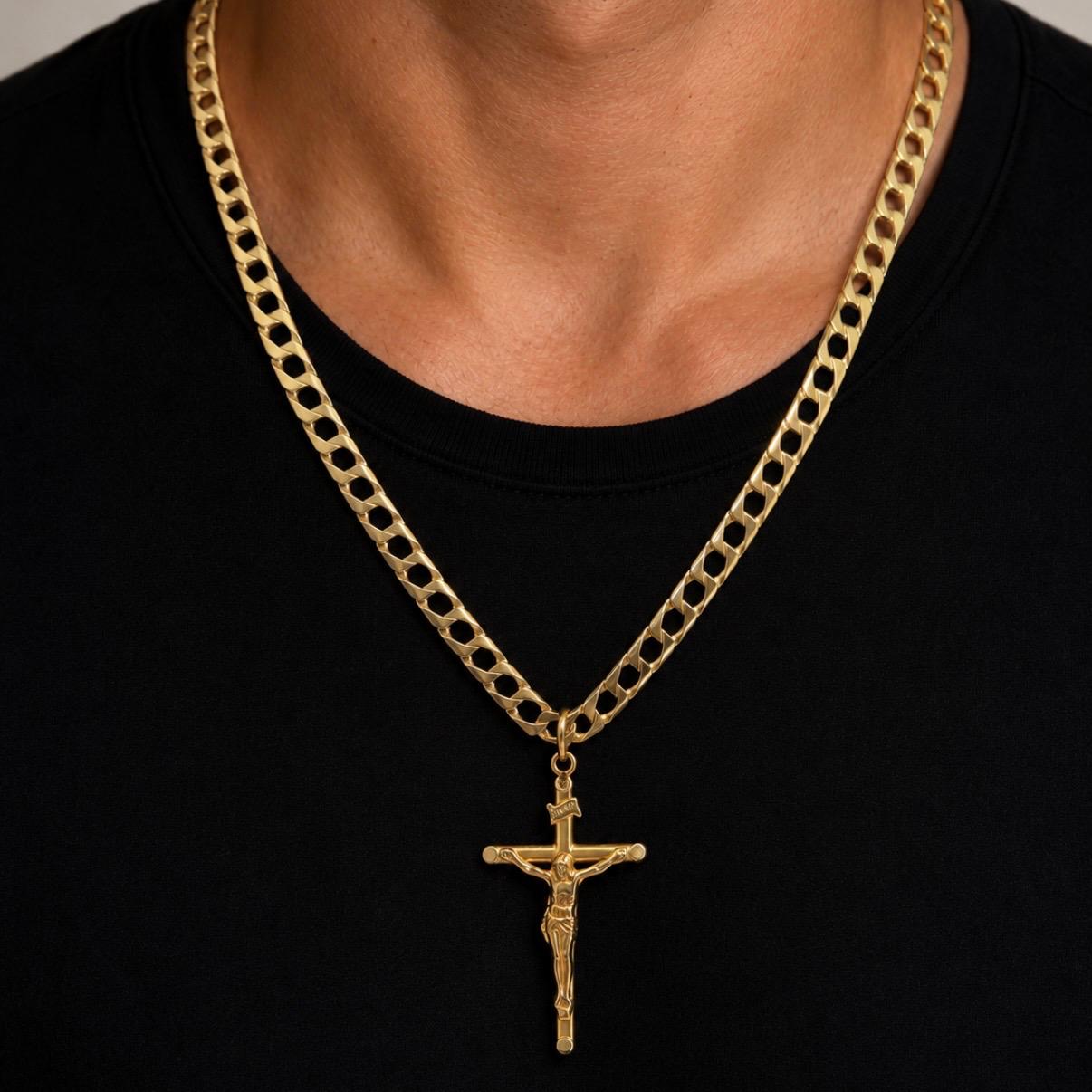 CONJUNTO CADENA GRUMET ITALIANA + CRUZ EN ORO 18K