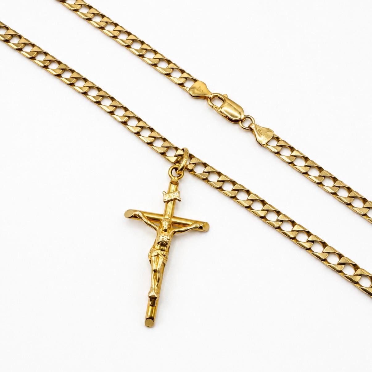 CONJUNTO CADENA GRUMET ITALIANA + CRUZ EN ORO 18K