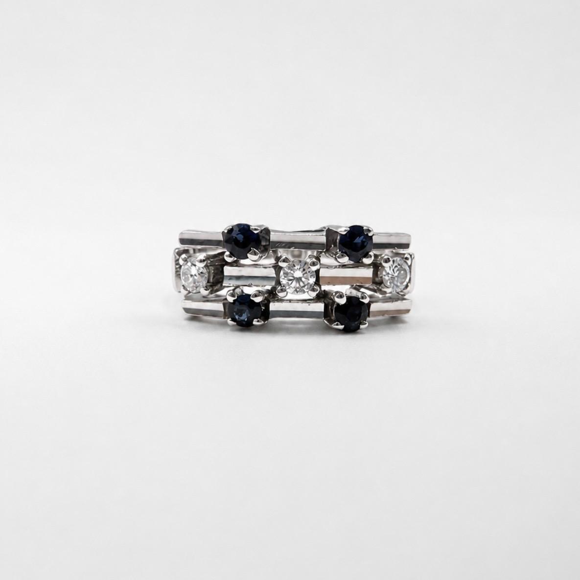 ANILLO TRIPLE BANDA CON ZAFIROS Y BRILLANTES EN ORO BLANCO 18K