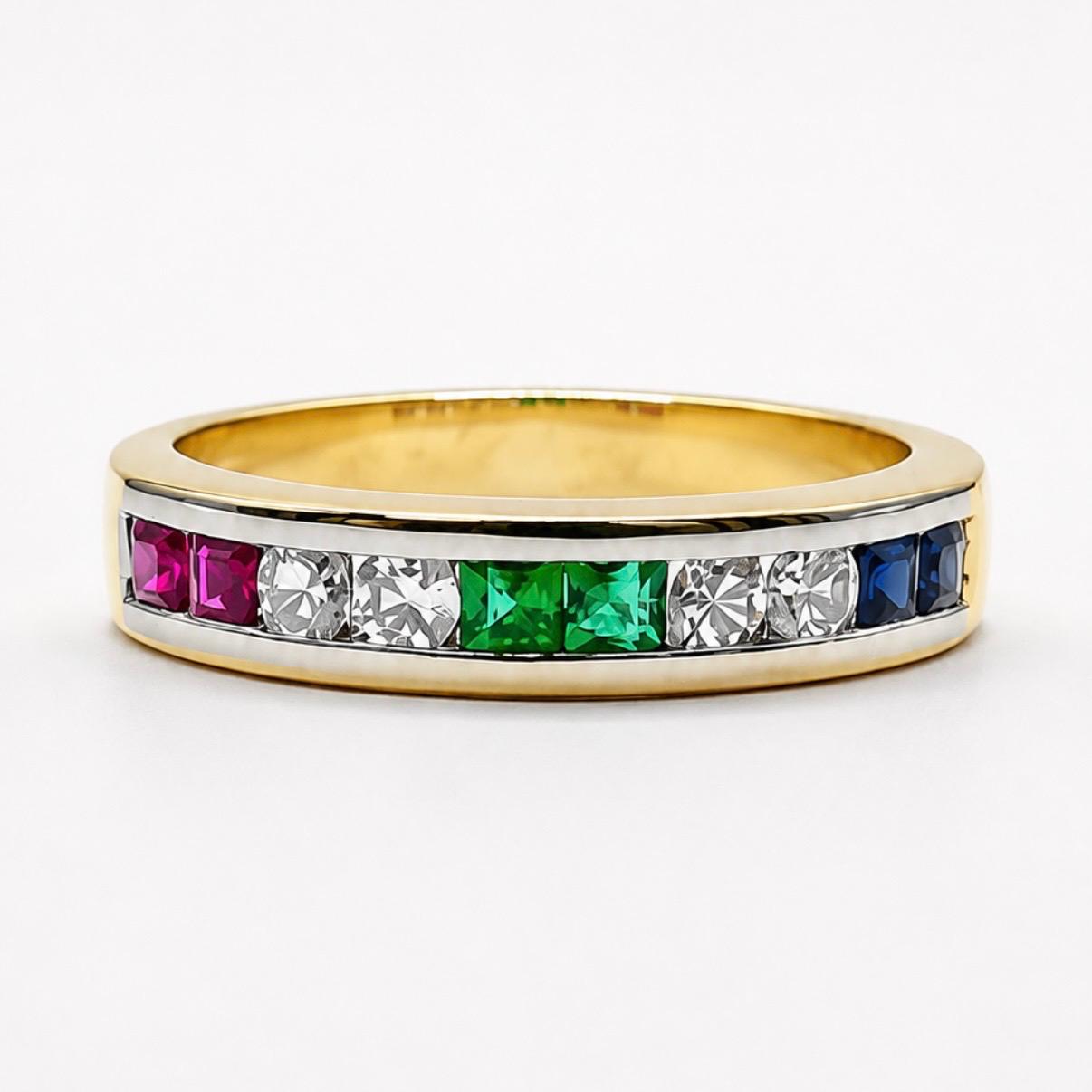 ANILLO MULTIGEMA CON RUBÍES, ESMERALDAS, ZAFIROS Y BRILLANTES EN ORO 18K